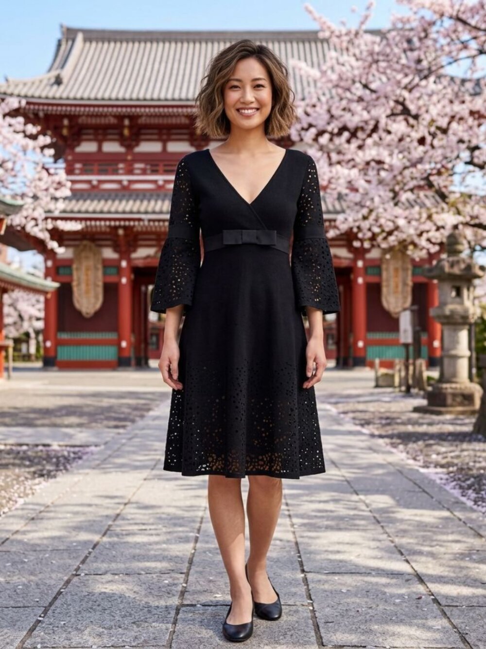Karen Millen black cocktail fit flare LBD bell sleeve eyelet dress